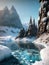sea on frozen alien planet, generative ai illustration, science fiction scenery