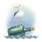 A sea gull floats on a green, glass bottle. Watercolor illustration. Composition from the collection of SEA FISHING. For