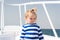 Sea is his vocation. Baby boy enjoy vacation cruise ship. Child cute sailor yacht sunny day. Boy adorable sailor striped