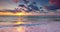 Sea horizon and scenic sunrise over splashing ocean waves and beach shore, tropical landscape