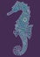 Sea horse from sapphire, brilliant turquoise stones on purple background