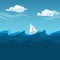 Sea illustration. White sailboat on big waves