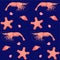 Sea inhabitants - seamless vector pattern. Shrimps, starfish and shells of pink and coral on a dark blue classic background