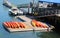 Sea kayaks ready for tourists in Bar Harbor.