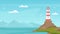 Sea landscape with beacon. Lighthouse tower on coast with rock. Cartoon blue sky with seagulls, shore, ocean waves and