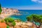 Sea landscape with Calella de Palafrugell, Catalonia, Spain near of Barcelona. Scenic fisherman village with nice sand beach and