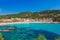 Sea landscape Llafranc near Calella de Palafrugell, Catalonia, Barcelona, Spain. Scenic old town with nice sand beach and clear