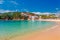 Sea landscape Llafranc near Calella de Palafrugell, Catalonia, Barcelona, Spain. Scenic old town with nice sand beach and clear