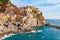 Sea landscape in Manarola village, Cinque Terre coast of Italy. Scenic beautiful small town in the province of La Spezia, Liguria