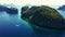 Sea landscape mountains, boat and drone aerial perspective view of yacht travel destination, tropical nature or