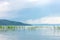 Sea landscape with mountines and canes, blue sky with clouds, cloudly without sun, kazakhstan