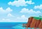 Sea landscape. Rocky coast under cloudy sky. Ocean beach and cliff. Vector colored flat cartoon illustration of seascape
