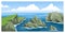 Sea landscape with rocky coastlines, rocks, cliffs, stones, blue sky with big fluffy clouds.