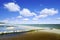 Sea landscape, row of wooden piles on a sandy beach