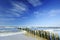 Sea landscape, row of wooden piles on a sandy beach