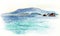 Sea landscape, Sea side, beach, mountains. Beautiful hand painting illustration.