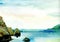 Sea landscape, Sea side, beach, mountains, rocks. Beautiful watercolor hand painting illustration.