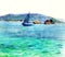 Sea landscape, Sea side, beach, mountains, yacht. Beautiful hand painting illustration.