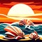 Sea landscape with seashells and sun at sunset, vector illustration generative AI