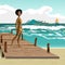 Sea landscape summer beach, old wooden pier, afro black woman