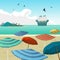 Sea landscape summer beach parasols, umbrellas, cruise ship.