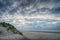 Sea landscape, during sunset, clear blue cloudy sky on the beach, Ameland Netherlands, dutch landscape