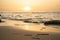 Sea landscape at sunset, stone coast Dramatic ocean background at evening dusk