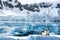 Sea leopard resting on ice floe in front of piled up glacier ice shelf, Paradise Bay, Antarctica.