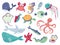 Sea life. Baby cute marine animals, underwater world inhabitants, tropical ocean fauna, cartoon whales, crab and octopus