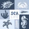Sea life. Creative aesthetic graphic poster. Underwater animals: starfish, shells, corals