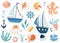 Sea life elements set. Childish funny clip arts. Sailboats, octopus, fish, crab, anchor, seashells and algae.