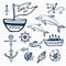 Sea life hand drawn doodle set. Nautical sketch collection with ship, dolphin, shells, fish anchors and helm