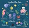 Sea life, marine animals set with underwater landscape - seahorse, star, octopus, fish, jellyfish, crab. Cute cartoon