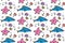 Sea life seamless pattern with cute doodle fishes and starfish. Hand drawn lines cartoon fish. Marine background. Vector