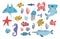 Sea life set. Hand drawn algae, blowfish, jellyfish, crab, hammerhead shark, whale, starfish, shark, seahorse, manta ray