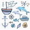 Sea life sketch hand drawn doodle set. Nautical collection with ship, dolphin, shells and other. Vector in color