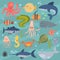 Sea life underwater cartoon animals cute marine characters fish aquarium tropical aquatic vector illustration.