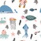 Sea life. Underwater world. Fish, jellyfish, sea bottom, backwaters ship, algae, treasure. Vector flat illustrations and