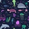 Sea life. Underwater world. Fish, jellyfish, sea bottom, backwaters ship, algae, treasure. Vector flat illustrations and