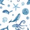 Sea life watercolor hand-drawn blue monochromatic seamless pattern isolated on white.