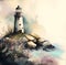 Sea lighthouse standing on stones against the background of the evening sky, watercolor i