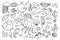 Sea line doodle icons. Hand drawn minimal underwater aquarium symbols, seashell fish algae shell sketchy art. Vector set
