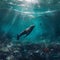 The sea lion swims underwater in the ocean among the debris. The concept of the problem of ecology. Generative AI.