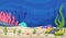 Sea location. Cartoon underwater background with fish silhouettes, colorful seaweeds sand and stones. Game bright water