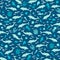 Sea marina pattern, silhuette of dolphins, seashells, seaweeds, fishes, seasters, corals