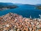 Sea Marina in Poros island aerial view, Aegean sea.