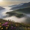 Sea of mist over the mountains in the morning. AI-Generated.