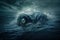 sea monster is lurking in the depths of the stormy ocean, its eyes shining