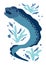 Sea moray eel cartoon character. Terrible fish with long tail and spots on the back, an open mouth. Moray eel swims in water with