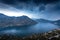 Sea mountain panorama view on Boka-Kotorska bay at twilight